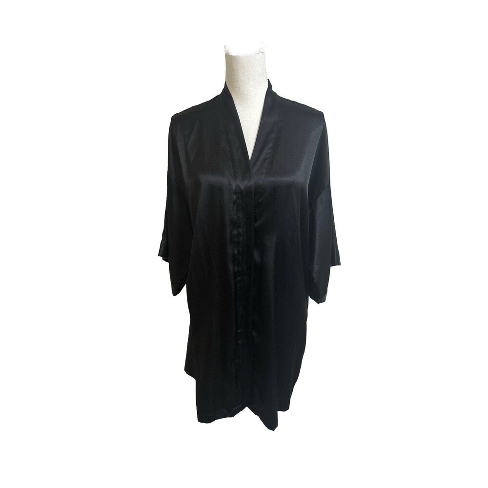 Victoria's Secret Women's S/M Black Short Sleeve Satin Robe Kimono Wrap